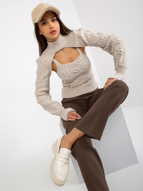 Hurt Jasnobeżowy dzianinowy komplet z krótkim swetrem i topem