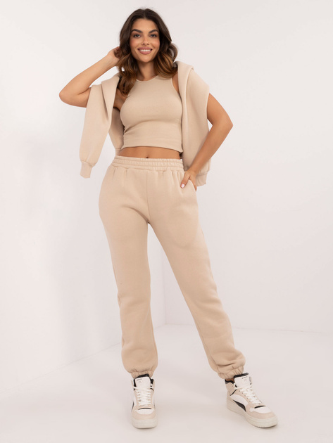 Hurt Beżowy damski komplet dresowy z bluzą rozpinaną