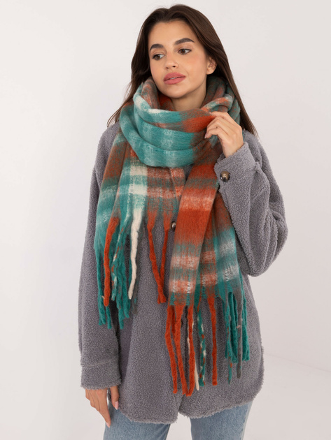 Hurt Zielono-pomarańczowy damski szal z frędzlami