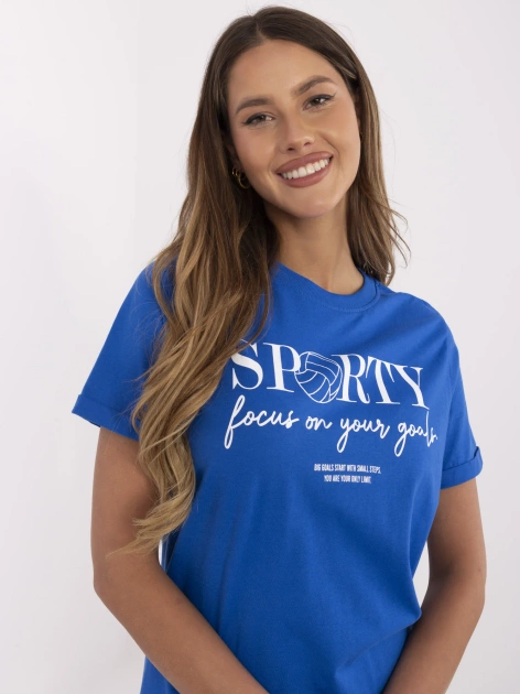 Kobaltowa t-shirtowa sukienka z nadrukiem SUBLEVEL