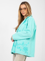 Turkusowa jeansowa marynarka z zapięciem na guzik RUE PARIS