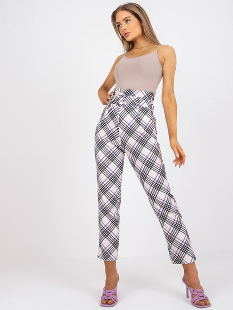 Ecru-fioletowe damskie spodnie garniturowe w kratę