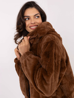 Hurt Brązowa pluszowa kurtka damska z kapturem