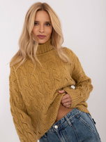 Hurt Oliwkowy damski sweter golf z ażurowym wzorem