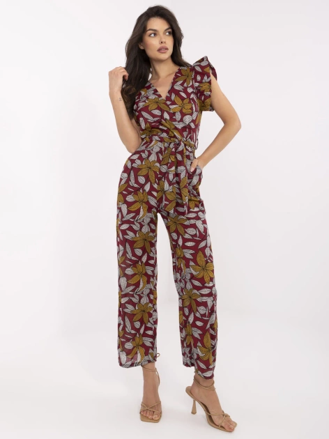 Bordowy kombinezon w tropikalny wzór Casja