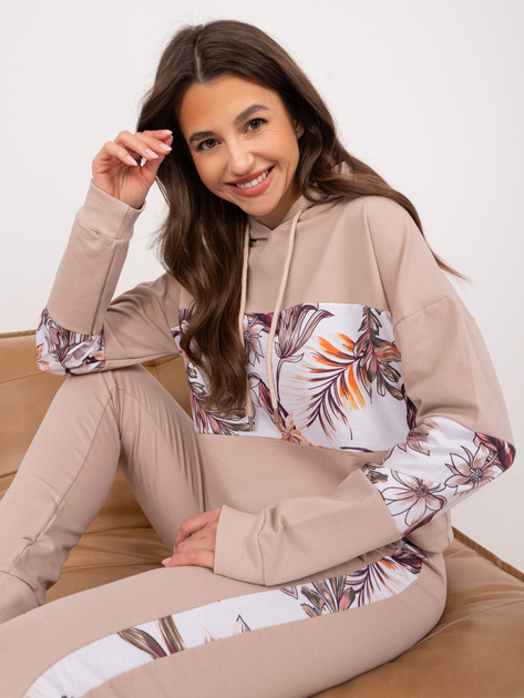Hurt Beżowy damski komplet dresowy z nadrukiem
