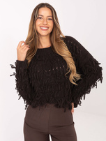 Ciemnobrązowy sweter oversize z frędzlami RUE PARIS 