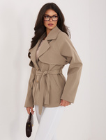 Ciemnobeżowy dwurzędowy płaszcz z paskiem RUE PARIS 