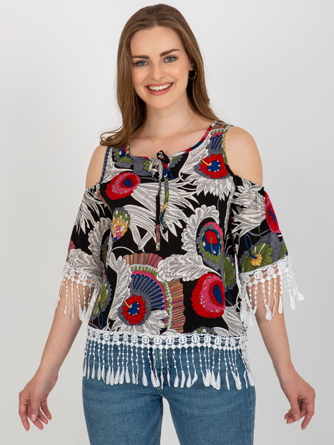 Hurt Czarna bluzka z nadrukiem i wiązaniem przy dekolcie