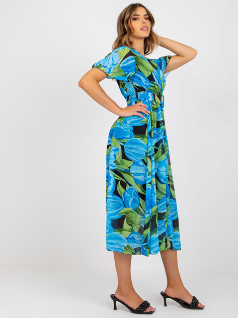 Niebiesko-czarna wzorzysta sukienka midi z paskiem