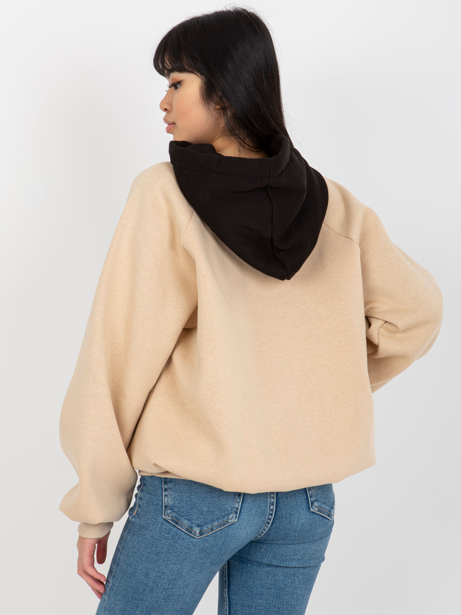 Beżowo-czarna luźna dresowa bluza basic z kapturem