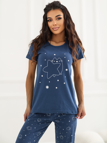 Granatowa damska piżama ze spodniami 3/4