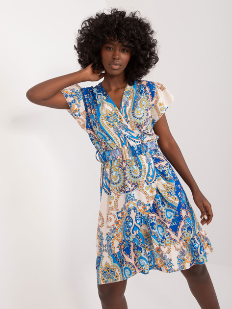 Hurt Niebiesko-beżowa wzorzysta sukienka z falbaną