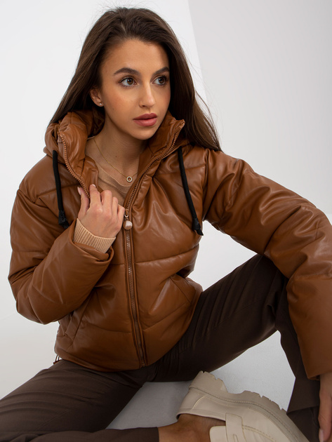 Hurt Jasnobrązowa puchowa kurtka z ekoskóry z kapturem