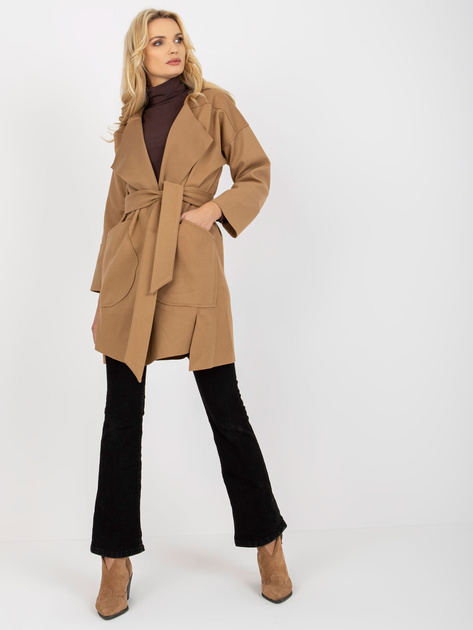 Hurt Camelowy cienki płaszcz z paskiem wiązanym OCH BELLA