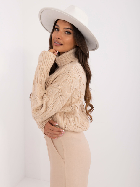 Hurtownia Beżowy sweter golf z ażurowym wzorem