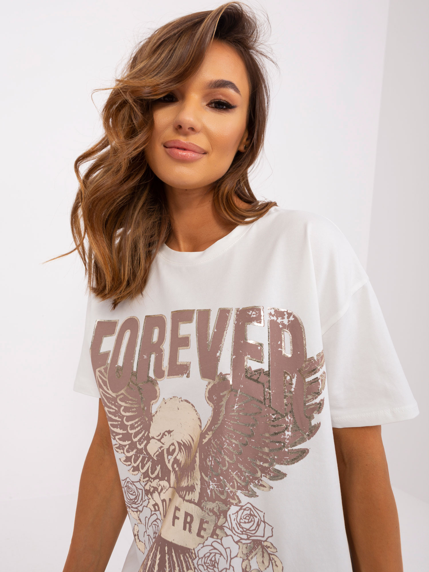 Ecru bawełniany t-shirt z nadrukiem OCH BELLA