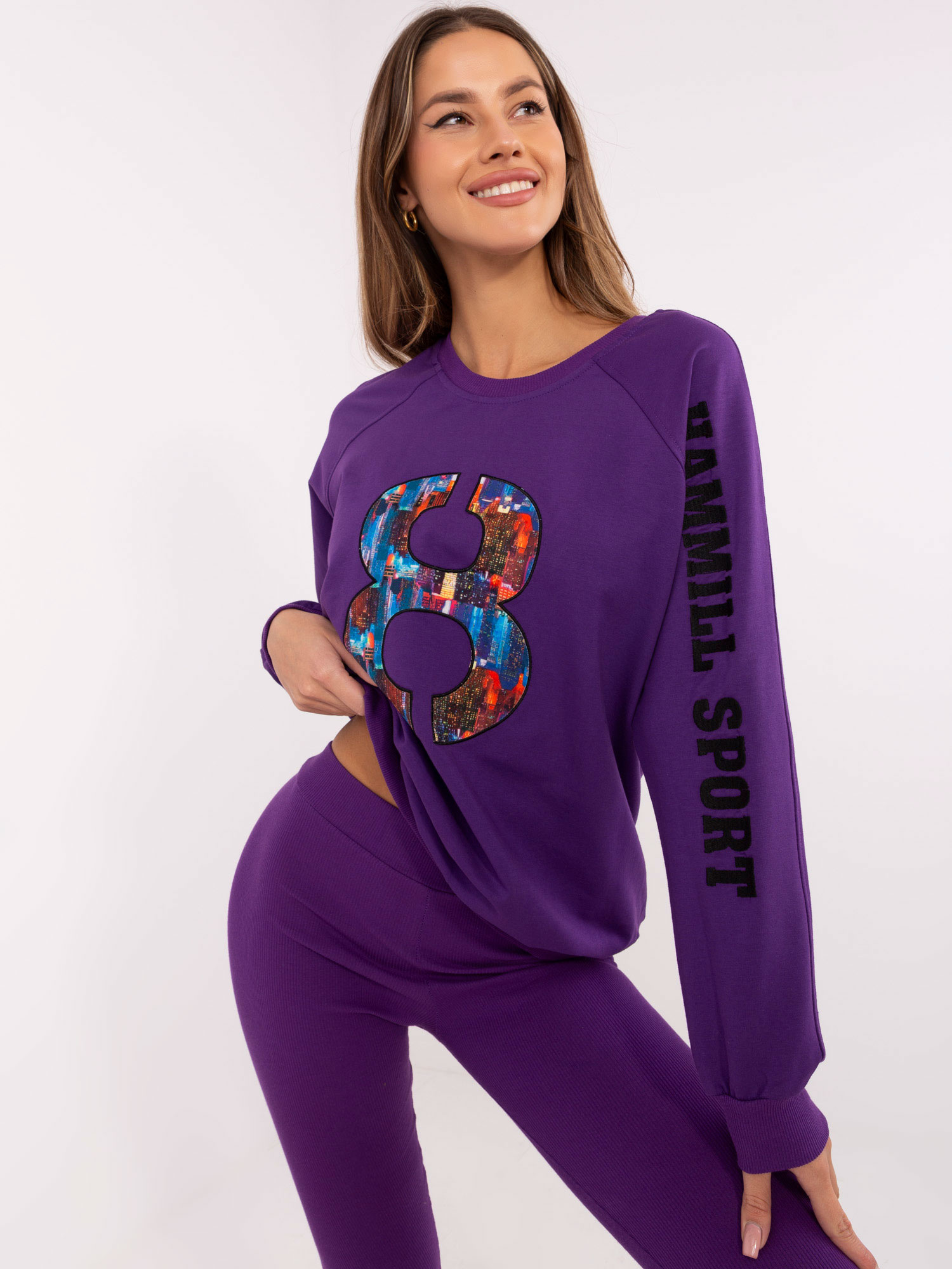 Hurt Ciemnofioletowy casualowy komplet z legginsami