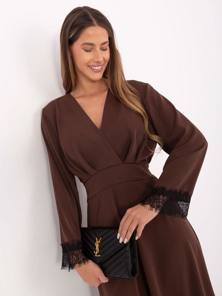 Ciemnobrązowa elegancka sukienka z kopertowym dekoltem