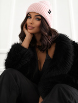 Light pink ribbed winter beanie hat.