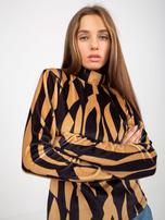 Hurt Camelowo-czarna welurowa bluzka z nadrukiem RUE PARIS