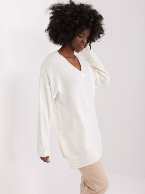 Hurt Ecru gładki sweter klasyczny z dekoltem V