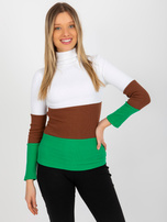 Hurt Ecru-zielona dopasowana bluzka basic z golfem w prążek