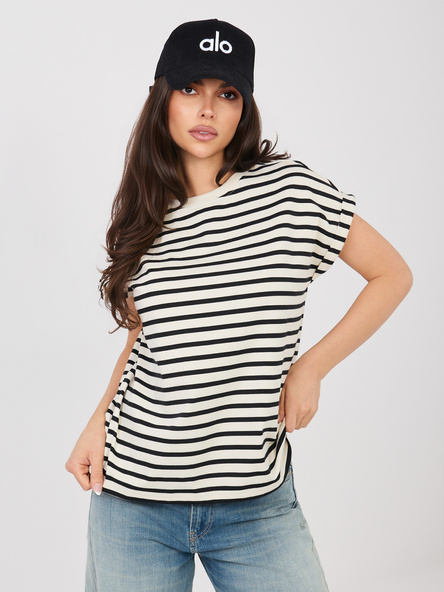 Jasnobeżowy damski t-shirt oversize w paski SUBLEVEL