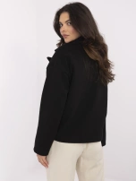 Black short coat with double-breasted fastening.