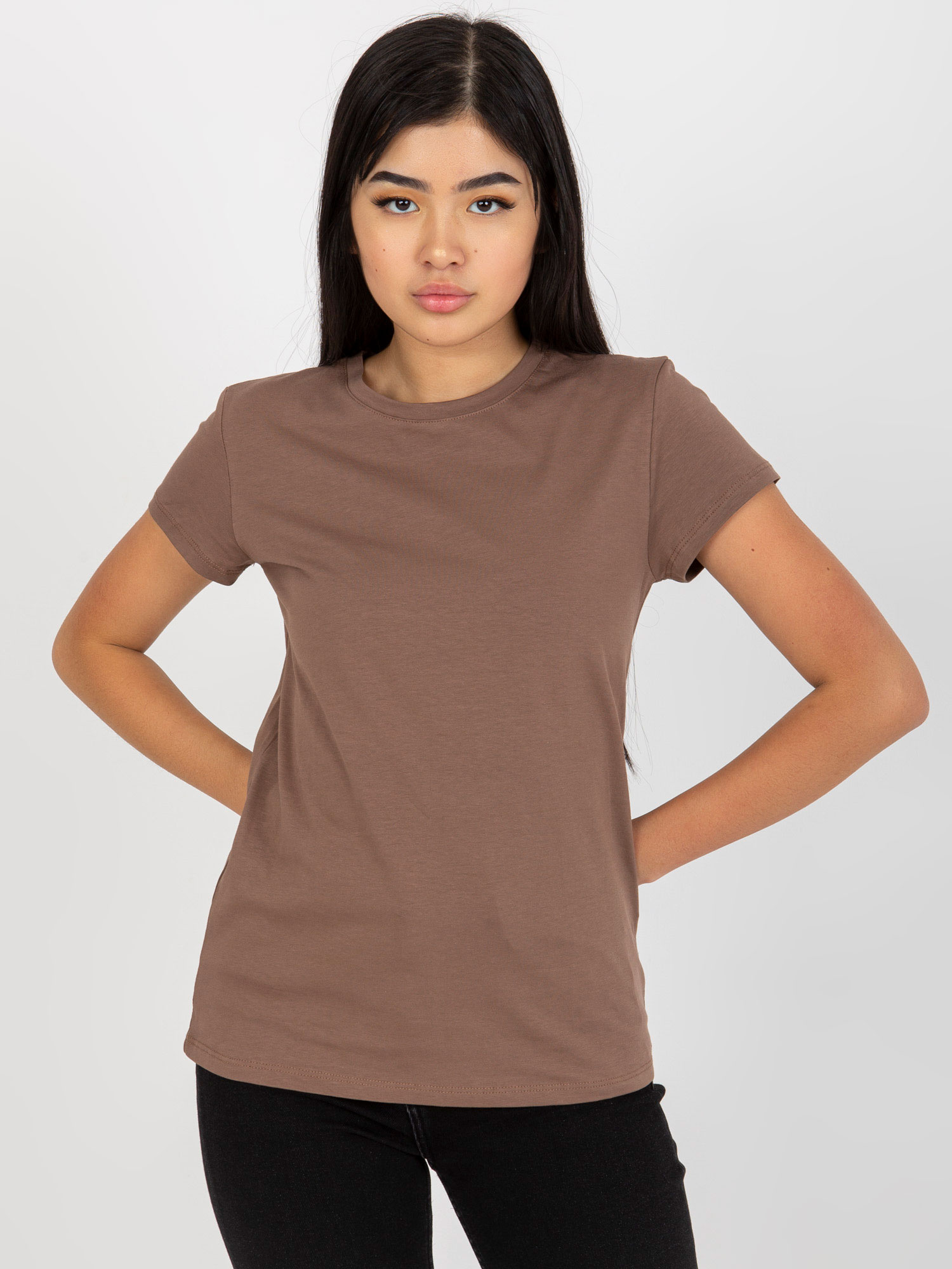 Brązowy t-shirt basic z okrągłym dekoltem Peachy
