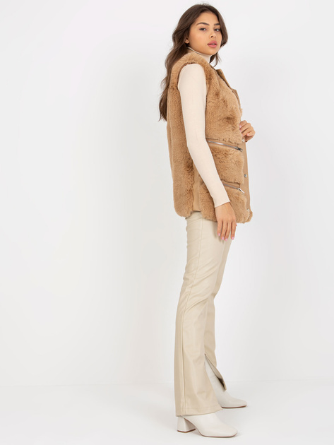 Hurtownia Camelowa damska kamizelka z eko skóry z futrem