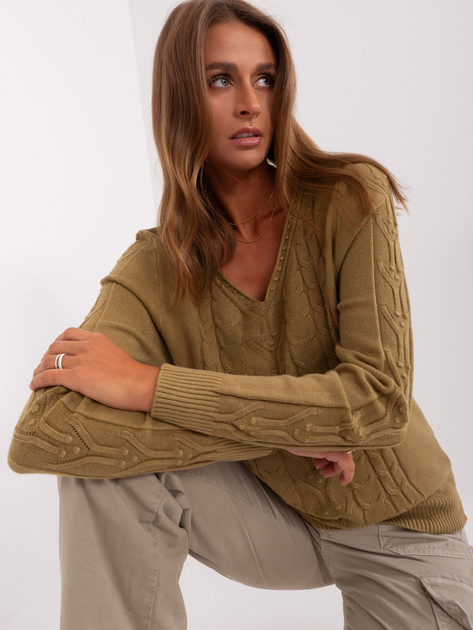 Hurt Oliwkowy sweter z warkoczami i ściągaczami