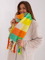 Hurt Zielono-pomarańczowy ciepły szal z kolorowymi frędzlami