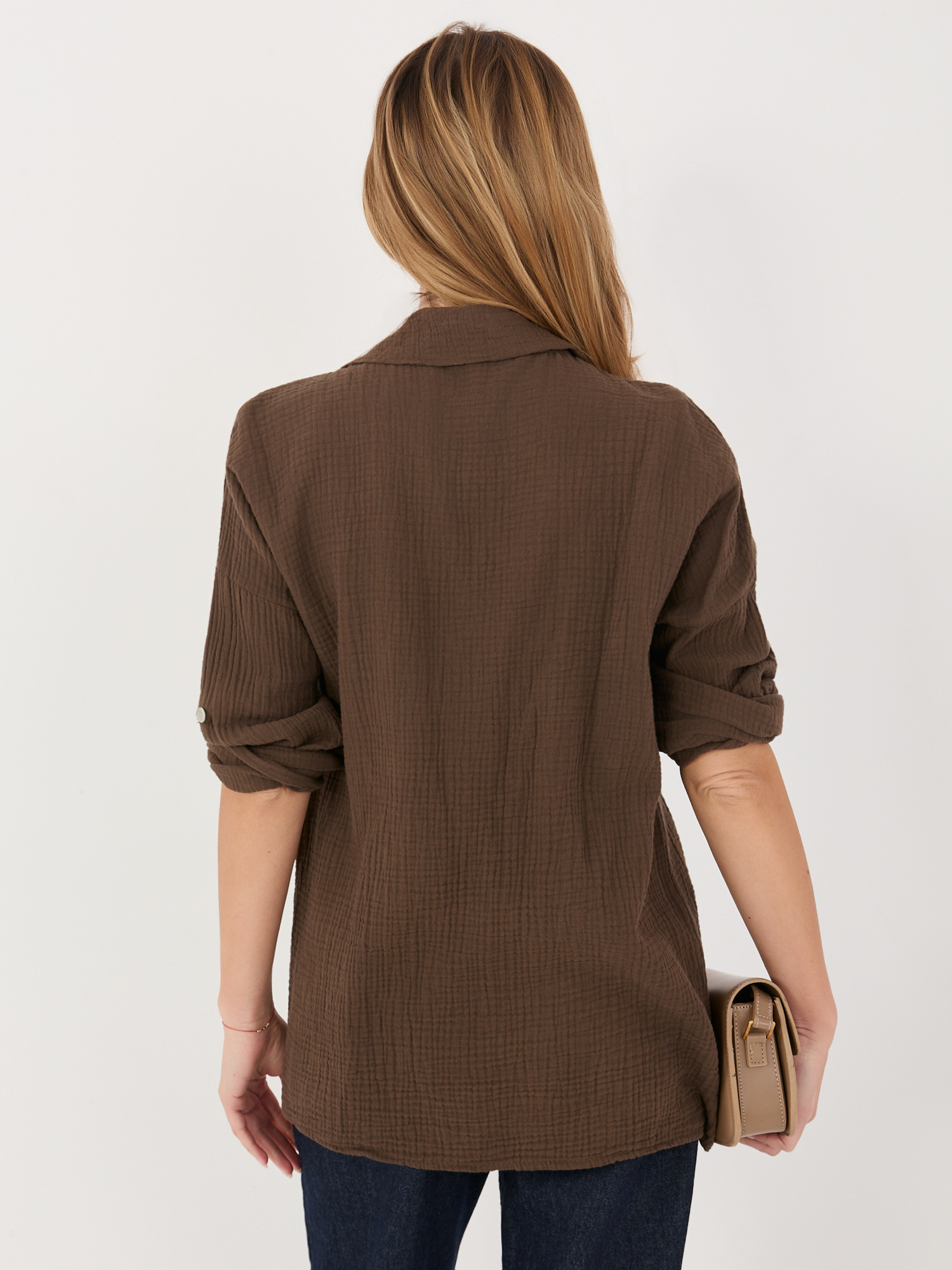 Chocolate oversized women's muslin shirt.