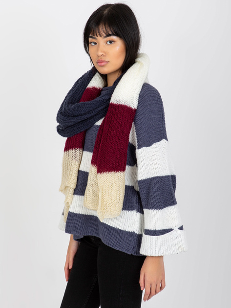 Hurtownia Ecru-bordowy kolorowy damski szal z dzianiny