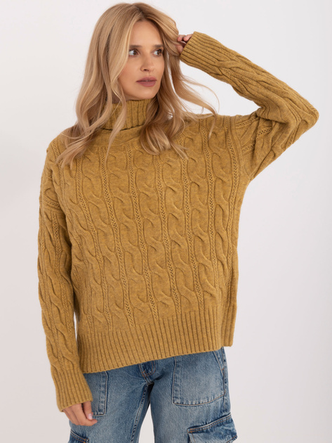 Hurt Oliwkowy damski sweter golf z ażurowym wzorem