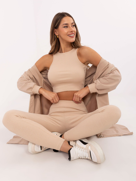 Hurt Beżowy komplet z legginsami i topem w prążek