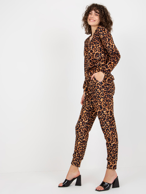 Hurtownia Ciemnobeżowo-czarny komplet welurowy z printem