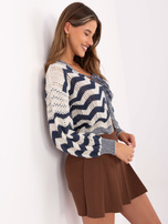 Ecru-granatowy ażurowy sweter z wiązaniami RUE PARIS 