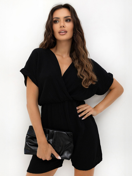 Black muslin jumpsuit for summer.