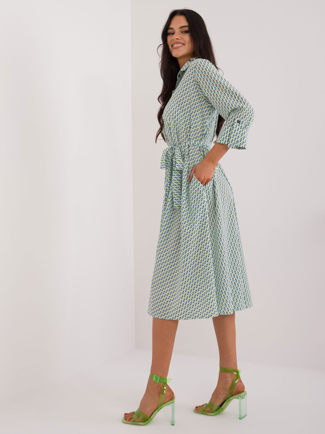 Hurtownia Biało-zielona midi sukienka szmizjerka z printem