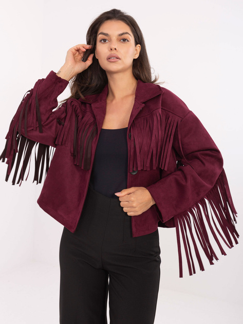 Bordowa zamszowa kurtka z kołnierzykiem