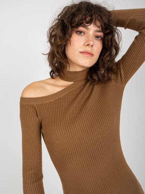 Hurt Jasnobrązowa mini sukienka dopasowana w prążek