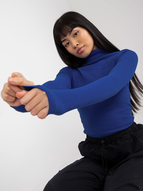 Hurt Kobaltowa prążkowana bluzka basic z golfem Elisee RUE PARIS