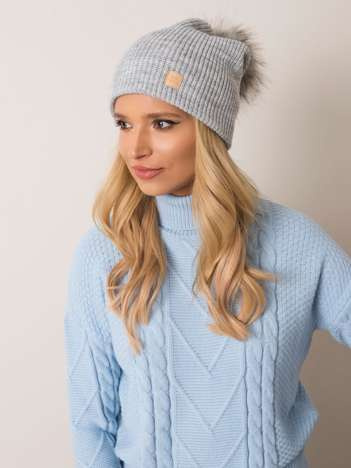 Light grey beanie hat with pompom RUE PARIS