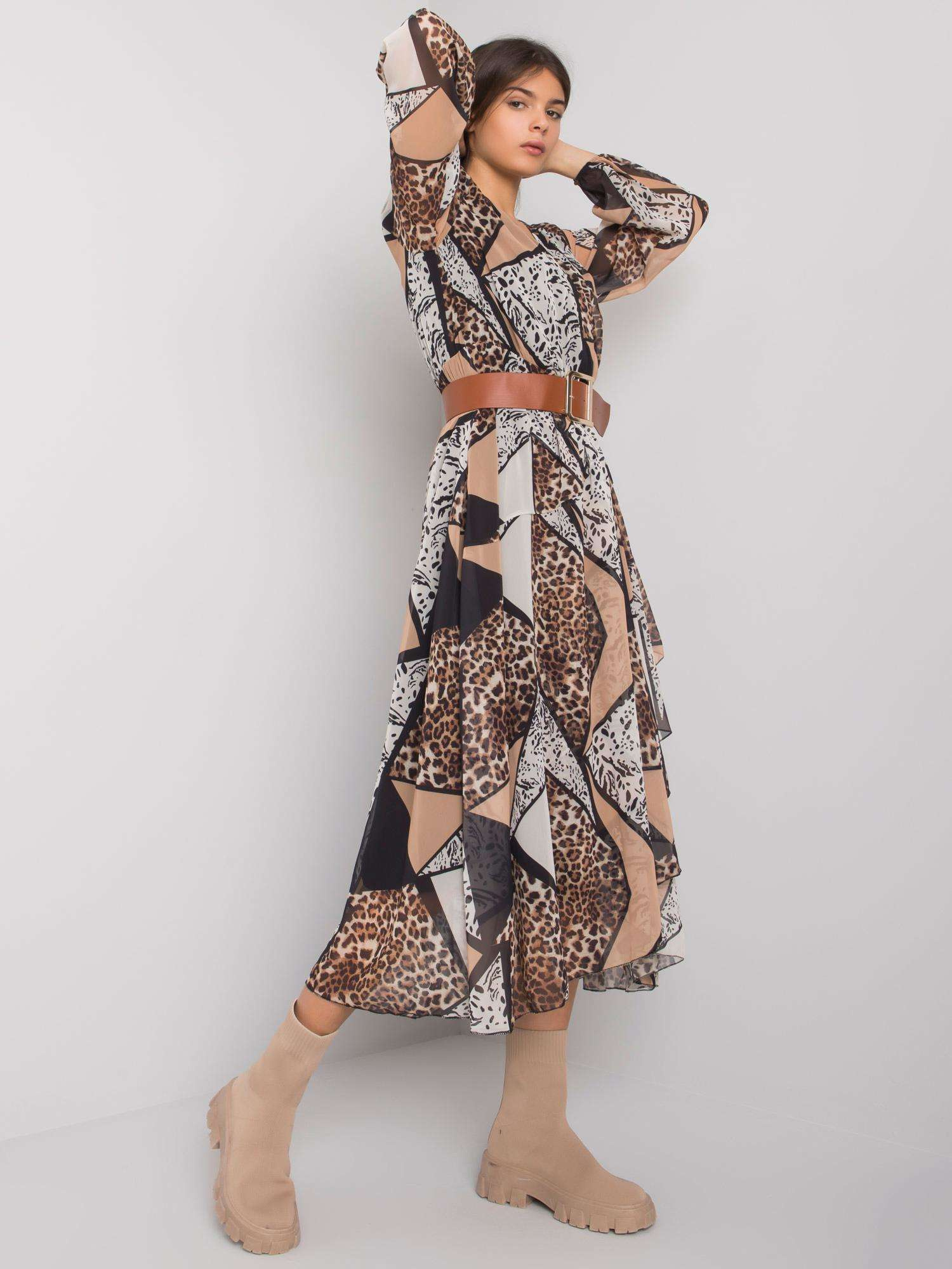 Black and beige patterned dress with Richland belt