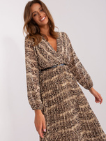 Hurt Beżowo-czarna rozkloszowana sukienka z printem