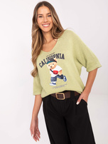 Hurt Pistacjowy damski sweter nietoperz z napisami 