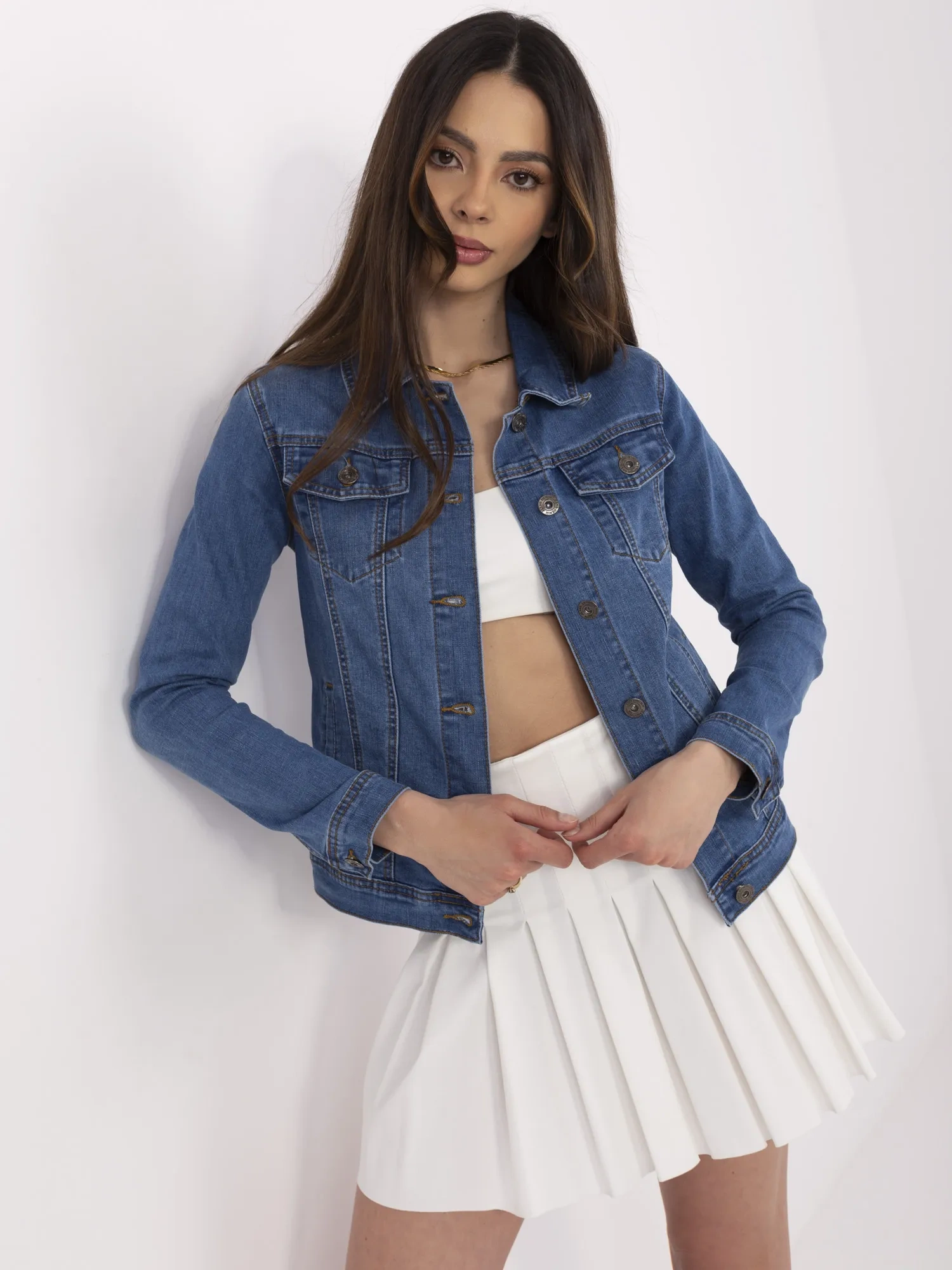 Blue women's denim jacket with a collar.