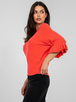 Koralowy damski sweter w jednolitym kolorze